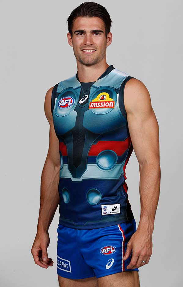 HERO_120319MarvelWood.jpg The guernsey will pay homage to Marvel character Thor, who is played by superstar Chris Hemsworth, an avid Bulldogs supporter. - Western Bulldogs